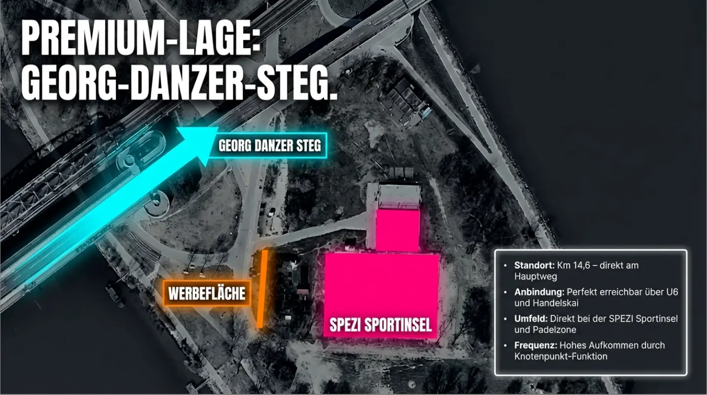 Lageplan Bannerwerbung Donauinsel Wien – Standort SPEZI Sportinsel, Hauptweg Open Air Festwiese, Handelskai