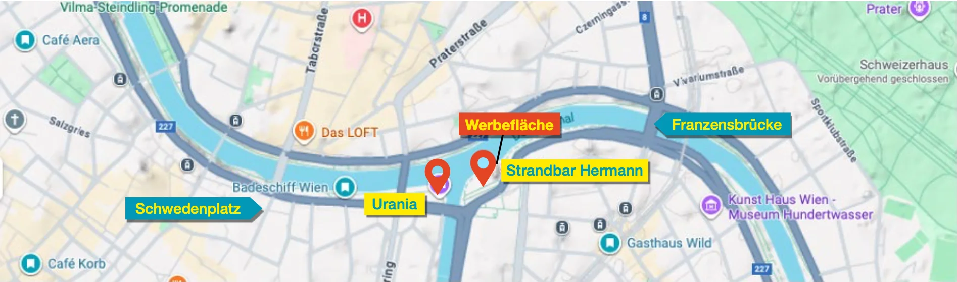 Lageplan Bannerwerbung Donaukanal Wien – Standort Strandbar Herrmann, Schwedenplatz, 1. Bezirk