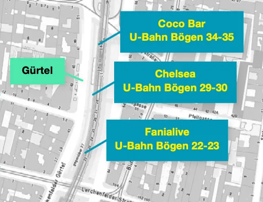 Lageplan Bannerwerbung Wiener Gürtel Wien – Standorte Coco Bar, Chelsea, Fania Live an den U-Bahn-Bögen